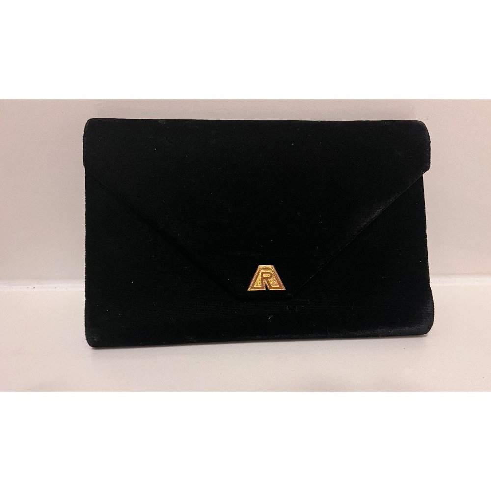 ALEXANDRE REZA Rare Vintage Black Velvet Clutch With Solid 18K Gold Logo